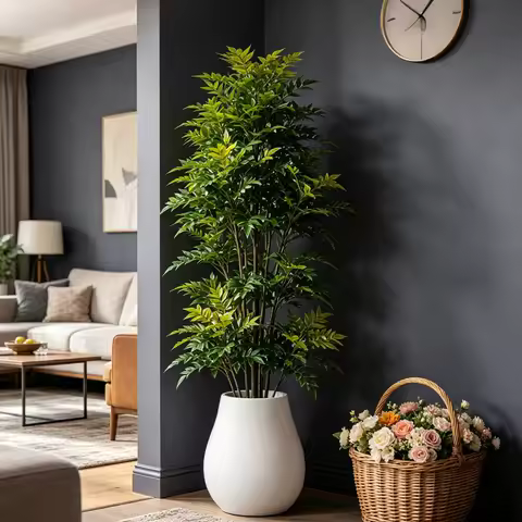 73-135cm Large Fake Nandina Plant Artificial Ficus Tree Faux Lacquer Leafs Tropical Banyan Plant Pla