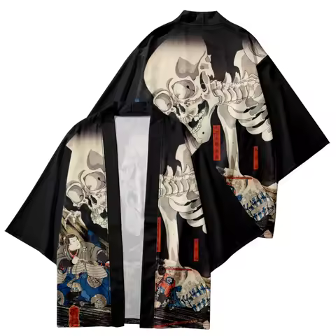 Japanese Kimono Black Skeleton Print Cardigan Summer Beach Sunscreen Loose Kimono Mens Yukata Haori