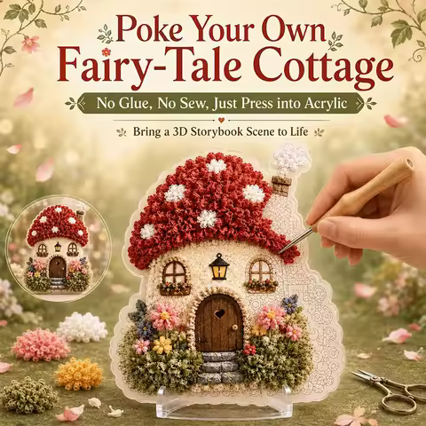 3D Mushroom House Poke Art DIY Kit Fabric Punch Needle Embroidery Set Hand‑Making Craft Kit with Too