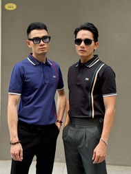 DJ LC cotton 4-way polo shirt with strange combination of shoulder collar and 2 parallel stripes as 