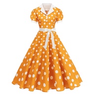 Buttons Retro Polka Dot Elegant Summer Dresses Women Fashion Lapel Collar Vintage 1950s 60s Short Sl