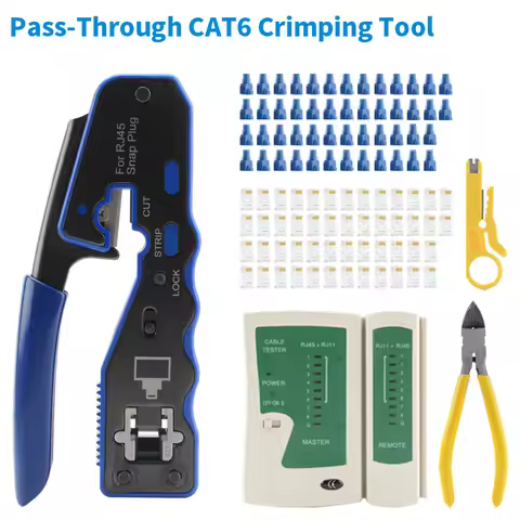 RJ45 Crimping Tool Pass Through Crimper for Cat6/5e/5 Stripping Cutting Multifunction 8P8C crimper