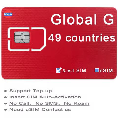 Global 49 Countries Prepaid Data Sim / eSIM Card；Can Top Up Repeatedly；5G / 4G LTE Data Sim；Global T