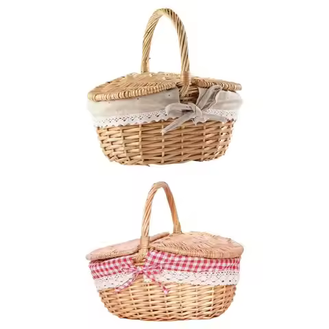 With Lid Wicker Picnic Basket Handmade Willow Hand-woven Picnic Hamper Portable Large Capacity Woven