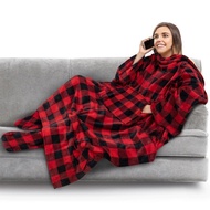 PAVILIA Fleece Blanket with Sleeves, Foot Pockets for Women Men Adults, Plush Wearable Blanket Throw