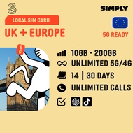 SIMPLY  UK/Europe | 30 Days | 3UK | 10GB/100GB/200GB/Unlimited 5G/4G | Local UK SIM Card