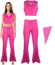 Barbie dress Women Girls Pink Cowgirl Costume Outfits 70s 80s Disco Hippie Fancy Dress Margot Robbie
