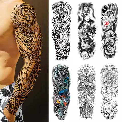 Large Arm Tattoo Sticker Full Sleeve Temporary Tattoos for Men Fish Wolf Tiger Tattoo Fake Tatoo for