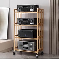 HiFi Rack Audio Cabinet With Wheels, Wooden AV Media Player Stand With Adjustable Height, Stereo Cab