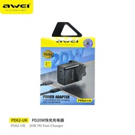 Awei PD62-UK 20W Fast Charger Power Adapter Dual Interface Fast Charging UK Charger PD20W 3 Pin UK P
