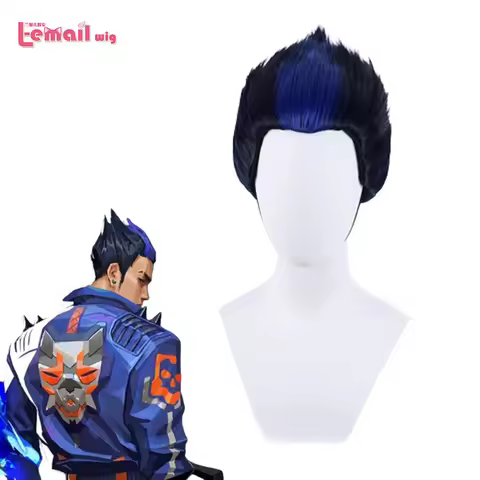 L-email wig Synthetic Hair Game Valorant Yoru Cosplay Wig 28cm Black Mixed Blue Color Cosplay Wigs H