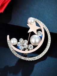 1入組新月星星胸針，可愛的鑽石仿珍珠衣領針，適用於襯衫、西裝、開襟衫、圍巾扣和婚禮宴會禮物