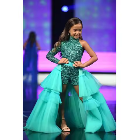 Turquoise Girls Prom Skirt Lush Ruffle Princess Party Prom Skirts Kid New Year Costume Long Tulle As