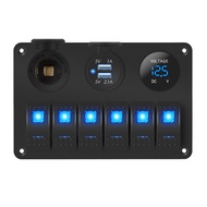 6 Gang Marine Rocker Switch Panel Waterproof 12 Volt Boat Toggle Switch Panel 12V Blue LED Lighted f