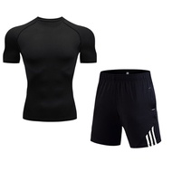 Men's Running Suit Gym Short Sleeve T-Shirt + Shorts 2 in 1 Sportswear Quick-Drying Breathable Black