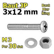 X30 Bolt Nut Set Ring M3 x 12mm M3x12 M3x12mm JP3 3mm 3x12 3x12mm 3 x 12mm Screwdriver Bolt Set Galv
