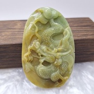 稀有黃加綠 皇家玉龍牌吊墜牌件 | 天然緬甸玉A貨翡翠