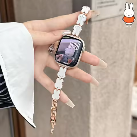 Kawaii Miffy Rabbit Watch Chain for S11 Apple Apple Watch Iwatch Small White Rabbit Metal S10/9 Watc
