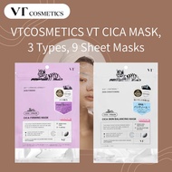 VTCOSMETICS VT CICA MASK (3 Types, 9 Sheets) Skincare Sheet Mask, Moisturizing, Firming, for Dry Ski