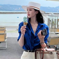 高级克莱因蓝上衣小个子衬衫女春秋新款休闲法式气质宽松长袖衬衣 High-end Klein blue top for petite women, new spring and autumn casua