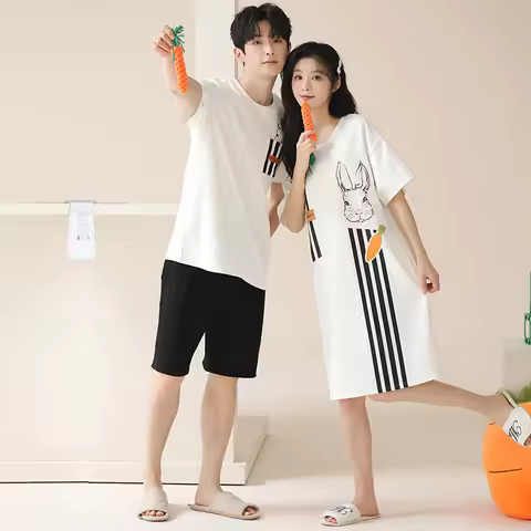 Summer Couple Pajama Set Men 100% Cotton Casual Short Sleeve Pyjamas Women Nightgown