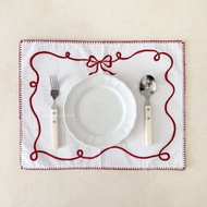 Red Ribbon Embroidery Placemat & Coaster by mnw.curated (Plate Coaster with Embroidery & Ribbon Embr