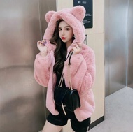 Jaket Sherpa Hoodie Zipper Bear Oversize Cewek Tudung Kuping Kekinian Super Cute / Sherpa Bear Zippe