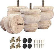3 Inch Unfinished Wooded Furniture Legs,Tchosuz Solid Carved Bun Feet with 5/16 inch Bolt,Modern Mid