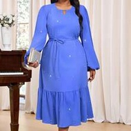 Autumn And Winter Elegant Bishop Sleeve Beaded Ruffle Hem Blue Dress A Line Dress Plus Size Elegant 