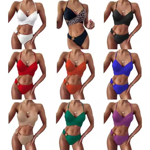 H58D Womens 2 Pieces O-ring Bathing Suit Halter Bikinis Fashion Wrap Cutout Swimsuit