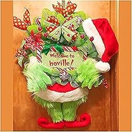 Christmas Plush Wreath, Grinch Christmas Decorations Front Door Decoration Wreath, Christmas Wreath Artificial Garland with Berries Pine Cones for Garden Home Festival