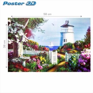 Poster 3D PEMANDANGAN MENARA SUAR DAN BUNGA #3D200 - 38 x 58 cm