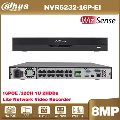 Original Dahua NVR5232-16P-EI 32CH 1U 16PoE 2HDD WizSense Network Video Recorder AI by NVR SMD Plus