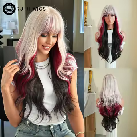 7JHH WIGS Long Body Wave White Highlight Red Wig for Women High Density Synthetic Modest Fashion Col
