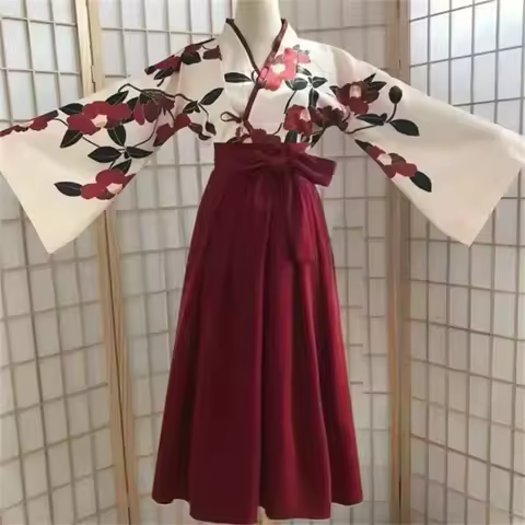 Kimono Sakura Girl Japanese Flower Print Vintage Dress Woman Oriental Camellia Love Costume Haori Yu
