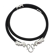 Dây chuyền nam cao su bọc đầu rồng bạc - Dây da đen bọc bạc thật