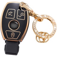 LEERLY Key Fob Cover with Anti-lost Keychain Compatible with Mercedes Benz C E S M CLS CLK G Class B