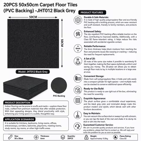Floor Mats 20PCS 50x50cm Square Carpet Tiles with PVC Backing, Non-Slip 6mm Thick Wear-Resistant Flo