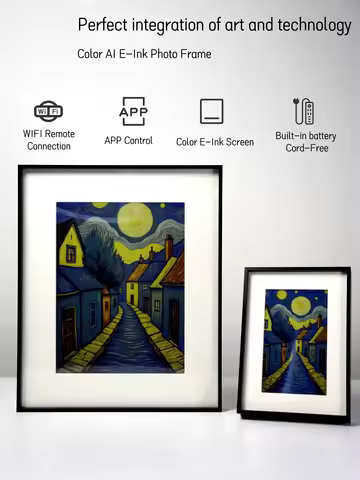 Hindetel 7.3 Inch Color Digital E-Ink Wooden Art Picture Frame Wall Mounted AI Generate for Home Off