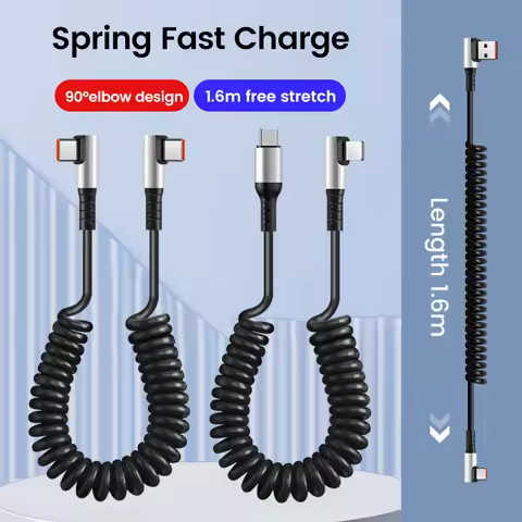 6A Fast Charging Spring Cable USB Type C To Type C 90° Elbow Car USB Spring PD Fast Charging Cable F