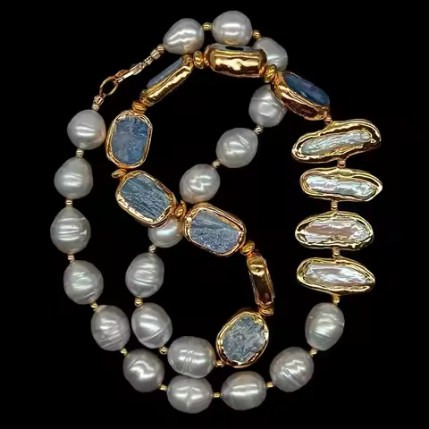 Y·YING Freshwater Cultured Gray Rice Pearl White Biwa Pearl Blue Kyanites Necklace 23"