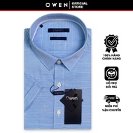 OWEN SALE - Áo Sơ Mi Owen Tay Ngắn Màu xanh Blue - Trắng  Họa Tiết Sọc Ngang Form Body Lai Ngang Chí