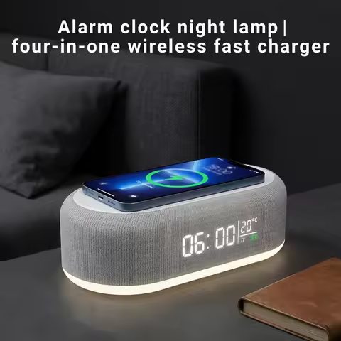 Fast Wireless Charger Pad Stand with Alarm Clock & Thermometer for iPhone 17-11/X, Xiaomi, Samsung S