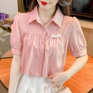 热销！新中式短款衬衫小个子上衣2025夏季新款宽松遮肚子短袖套头上衣