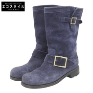 รองเท้าบูททรงไบเกอร์หนังกลับ Jimmy Choo สำหรับผู้หญิง สีน้ำเงินเข้ม ไซส์ 35