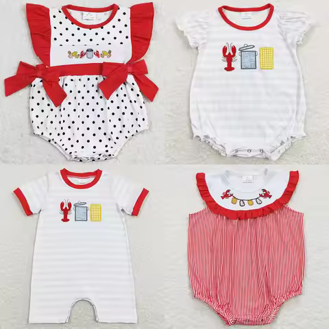 Boutique Infant Baby Girls Rompers Crawfish Boiled Bows Short Sleeve Rompers Sibling Clothing Boys R