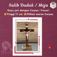 SITTING CROSS TABLE, TEAK WOOD with CORPUS, 17 cm, Catholic Altar, Prayer Altar, Christian Catholic