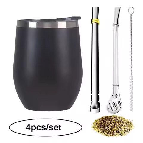 304 Stainless Steel Mate Cup Set 4pcs Double Wall Tea Mug Mate Cups with Filter Straws and Cleaning 