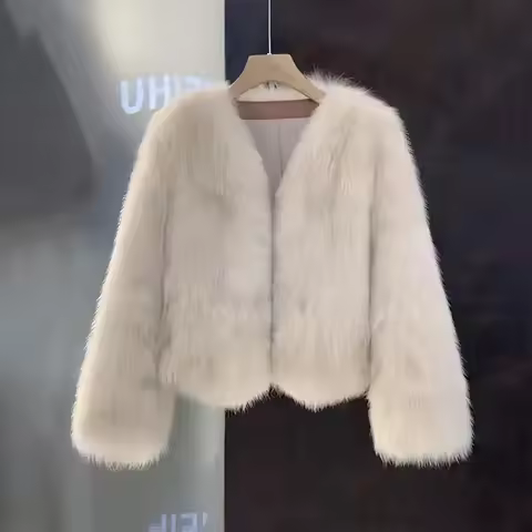 Winter Thick Faux Fur Crop Coats Women Y2K Streetwear V Neck Fluffy Warm Short Fur Jacket Female Ele