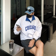 HYC 韓國代購 美式 CHICAGO 撞色拼接 半拉鍊 衛衣 長袖 大學T 男 學院風 小高領